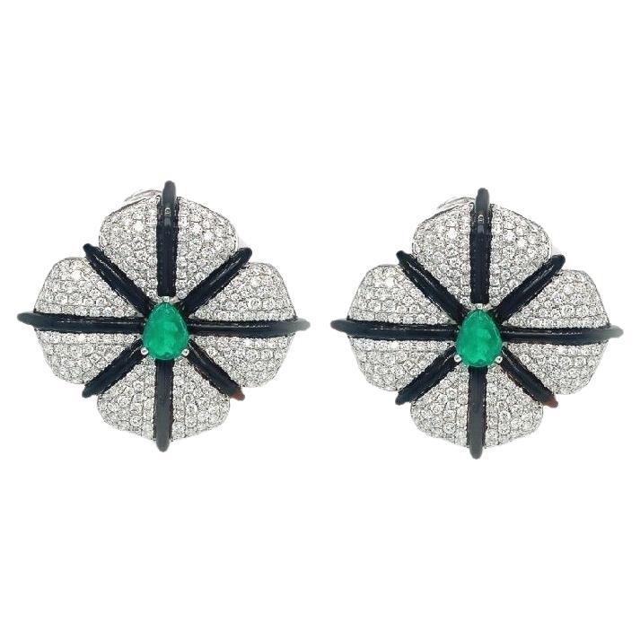RUCHI Black Agate, Colombian Emerald & Pavé Diamond Statement Stud Earrings