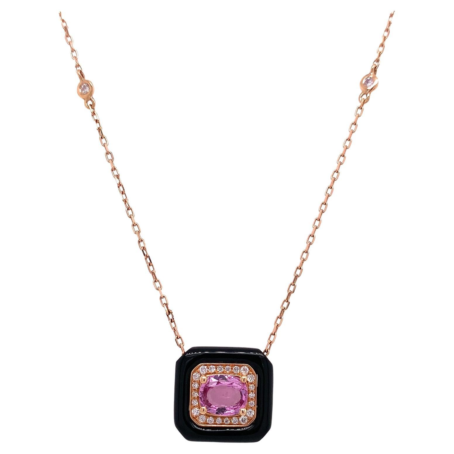 RUCHI Black Agate, Pink Sapphire and Diamond Rose Gold Pendant Necklace For Sale