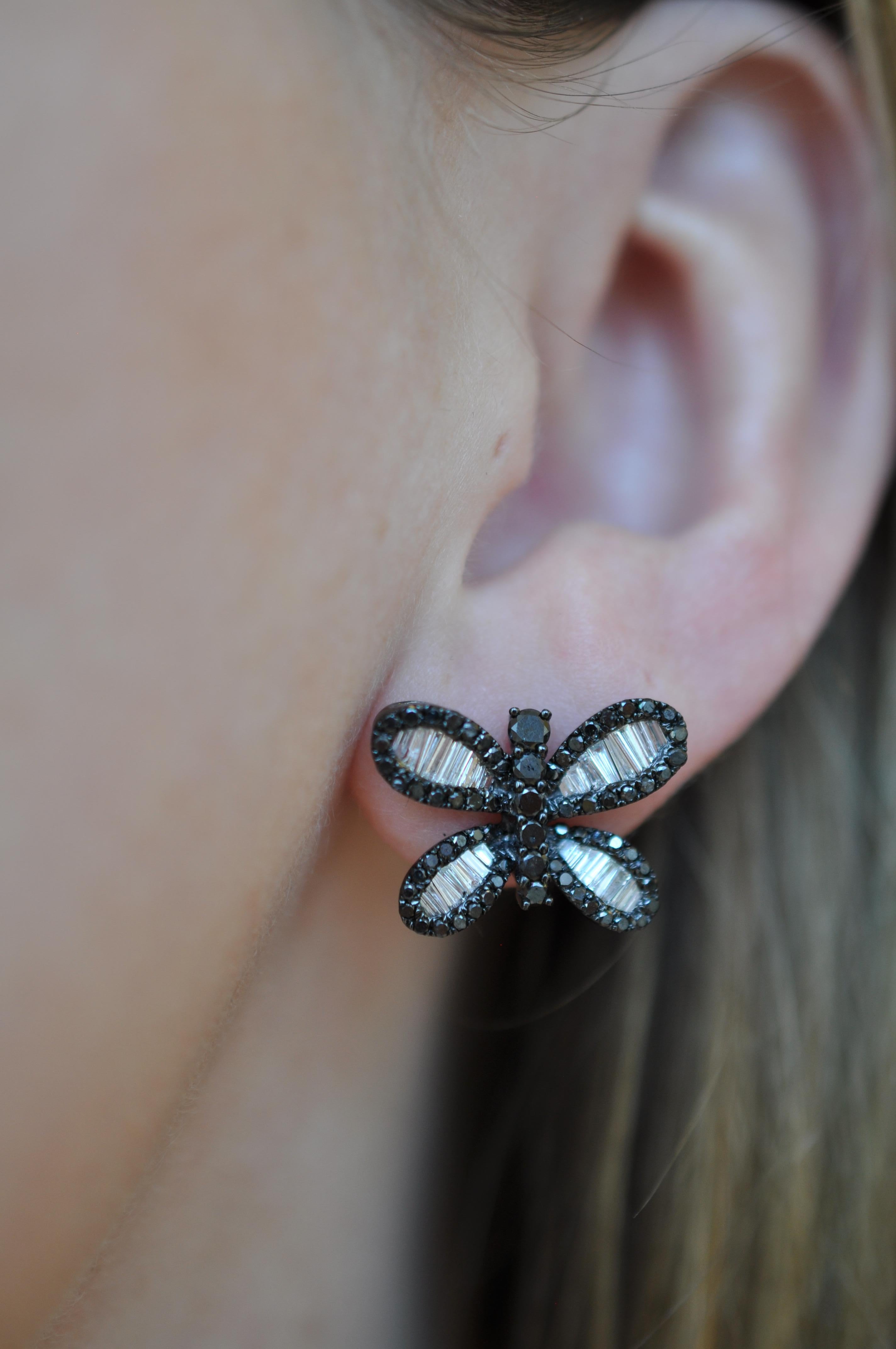 Baguette Cut Ruchi New York Black and White Diamond Butterfly Studs