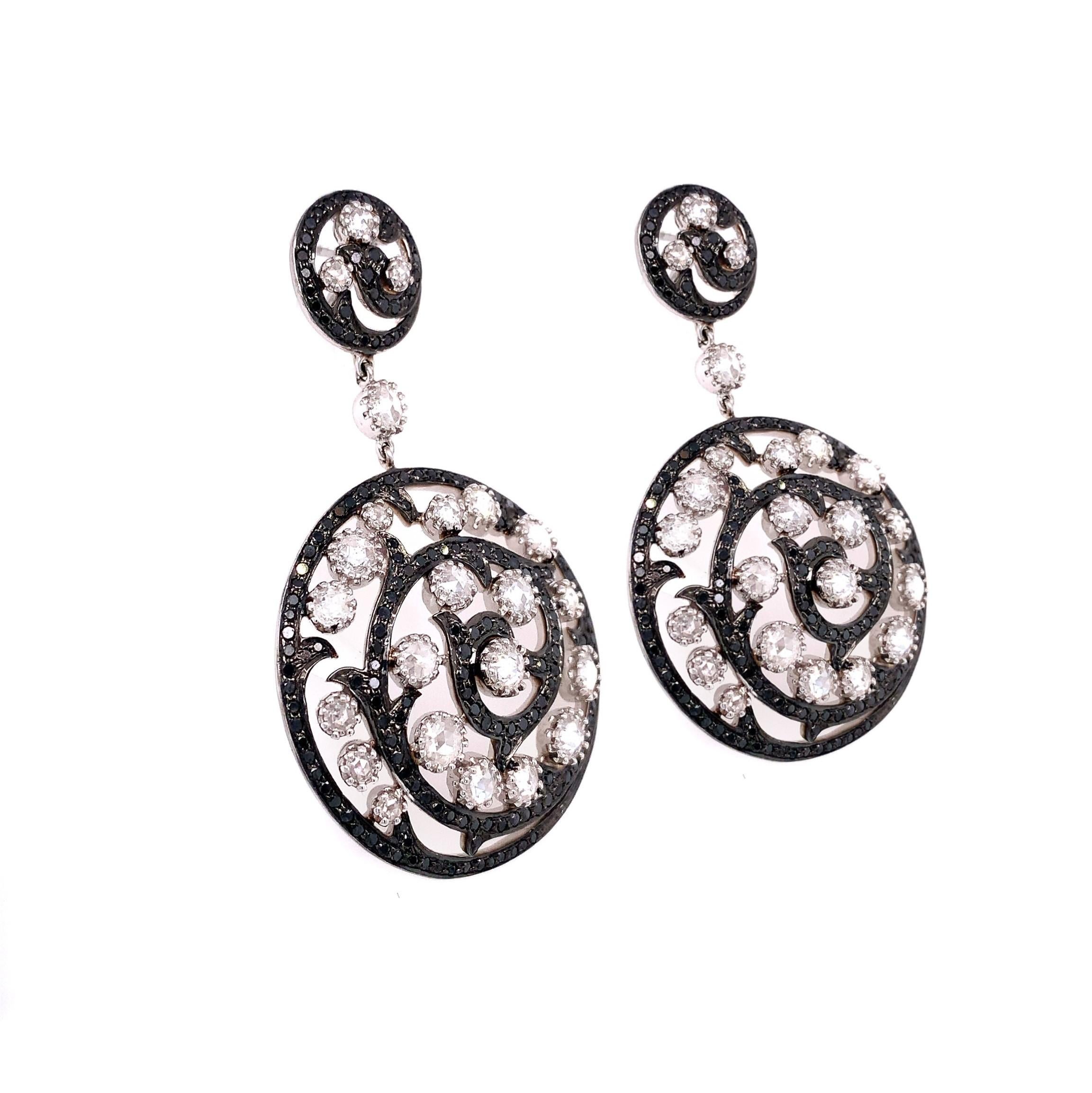 Contemporary RUCHI Black and White Diamond White Gold Dangle Earrings  For Sale
