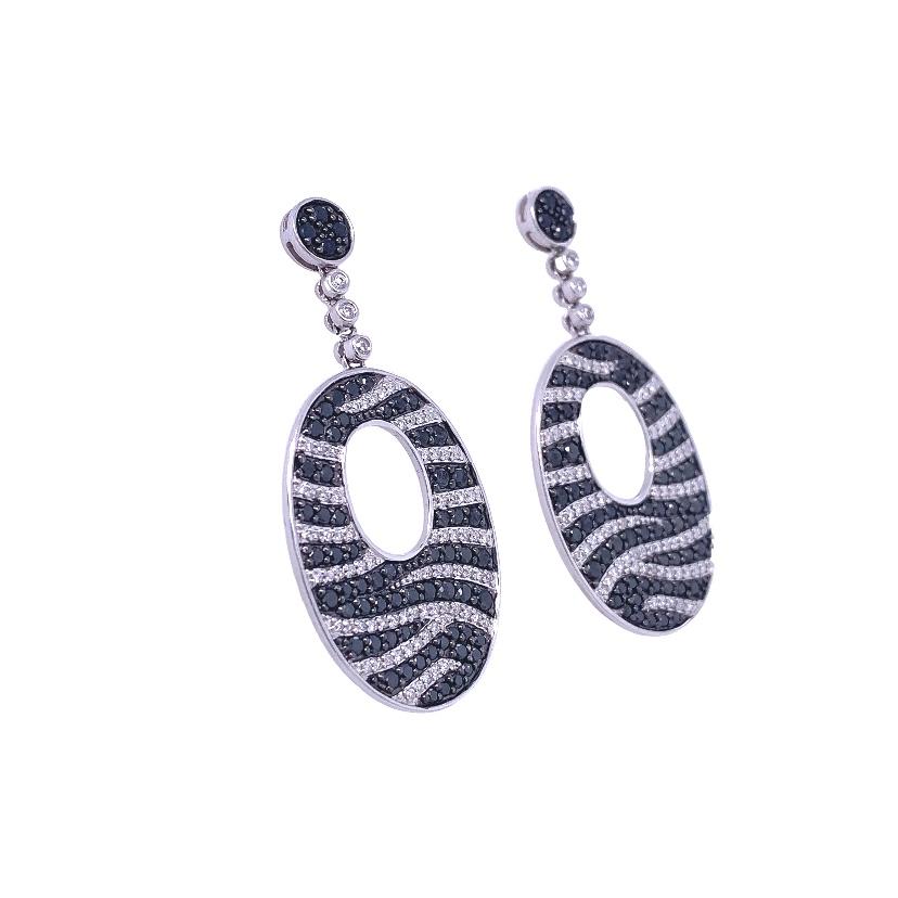 Contemporary RUCHI Pavé Black and White Diamond White Gold Zebra-Pattern Dangle Earring For Sale