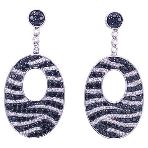 RUCHI Pavé Black and White Diamond White Gold Zebra-Pattern Dangle Earring For Sale