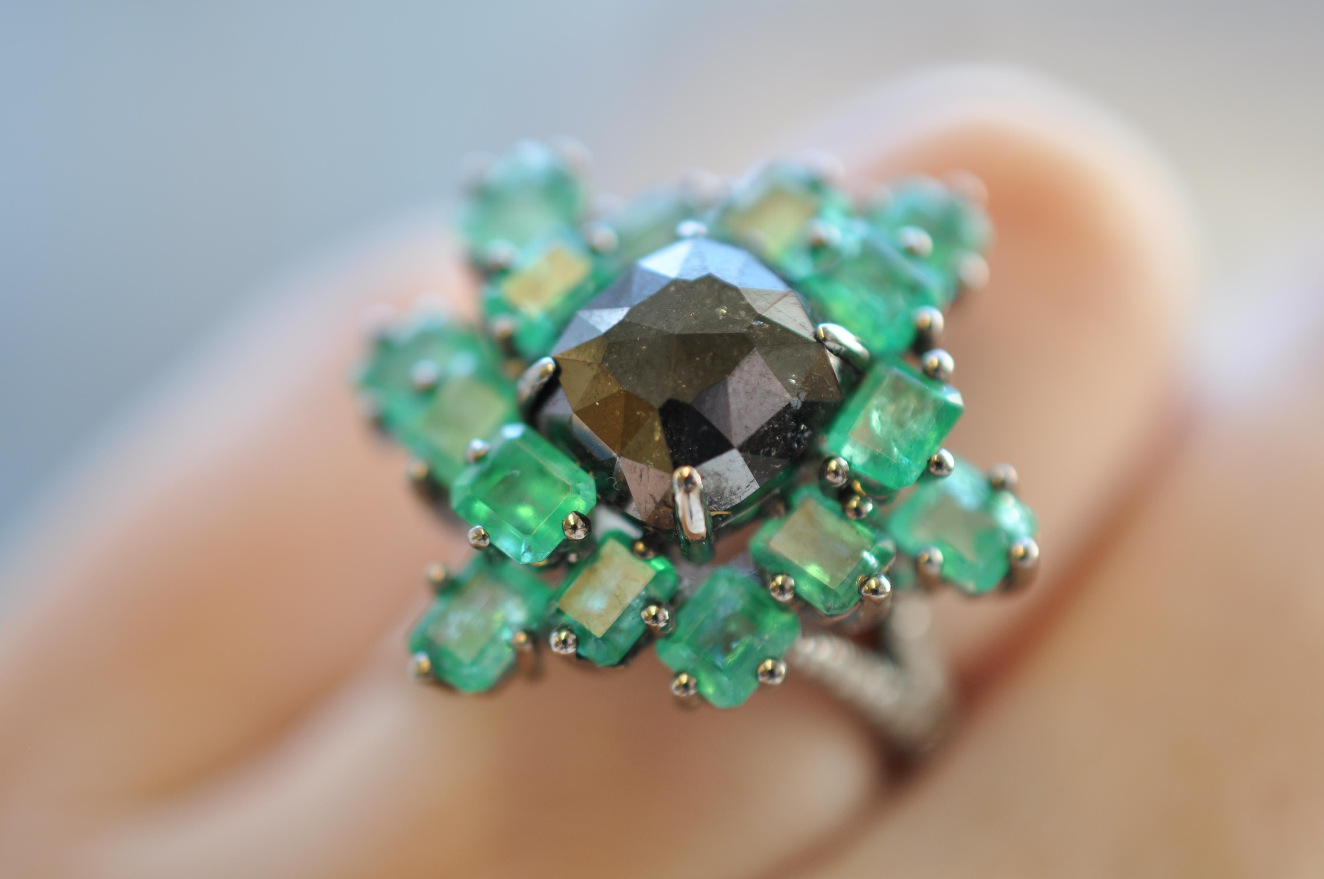 Contemporary Ruchi New York Black Diamond and Emerald Cluster, Cocktail Ring