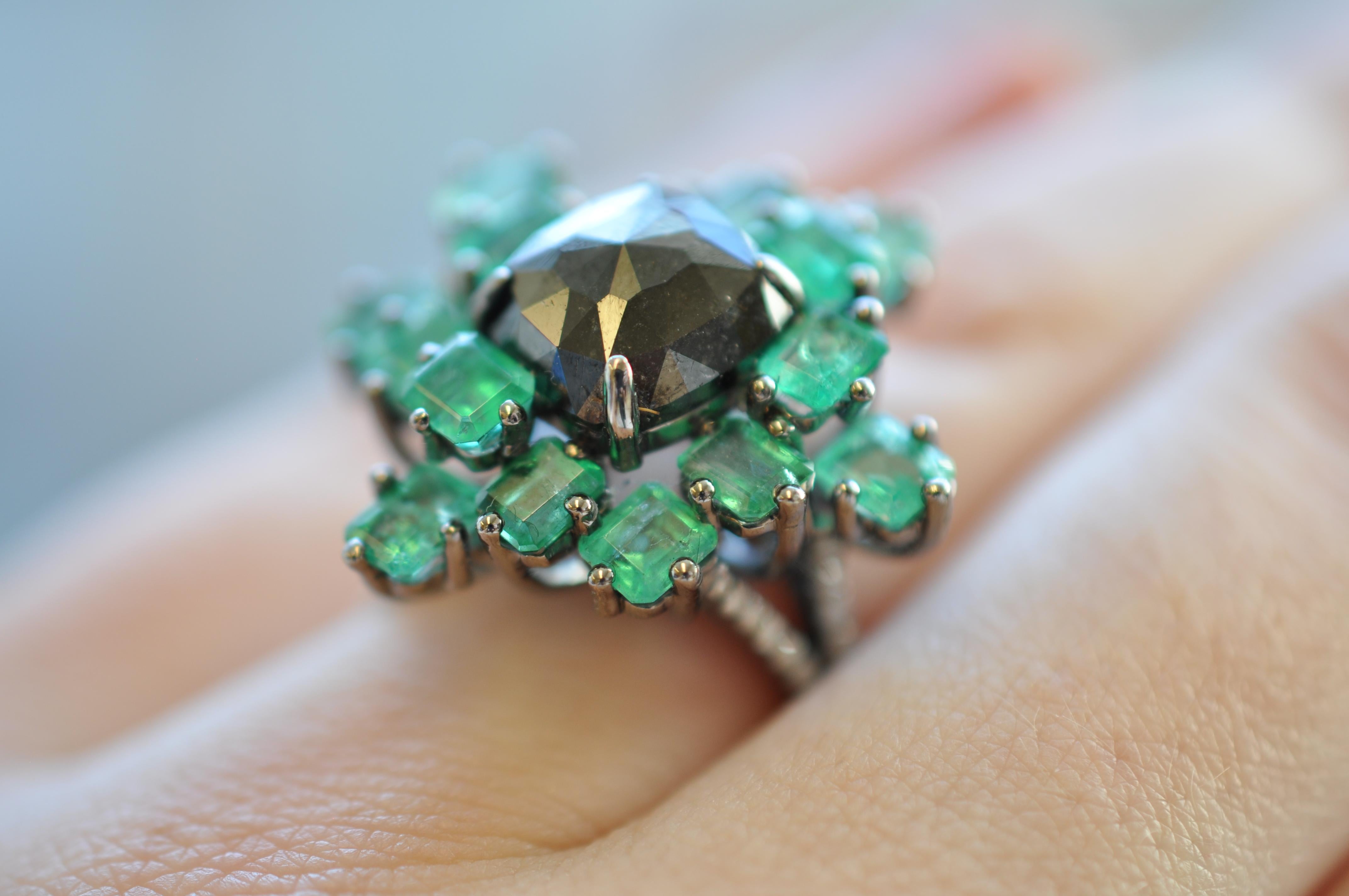 Asscher Cut Ruchi New York Black Diamond and Emerald Cluster, Cocktail Ring