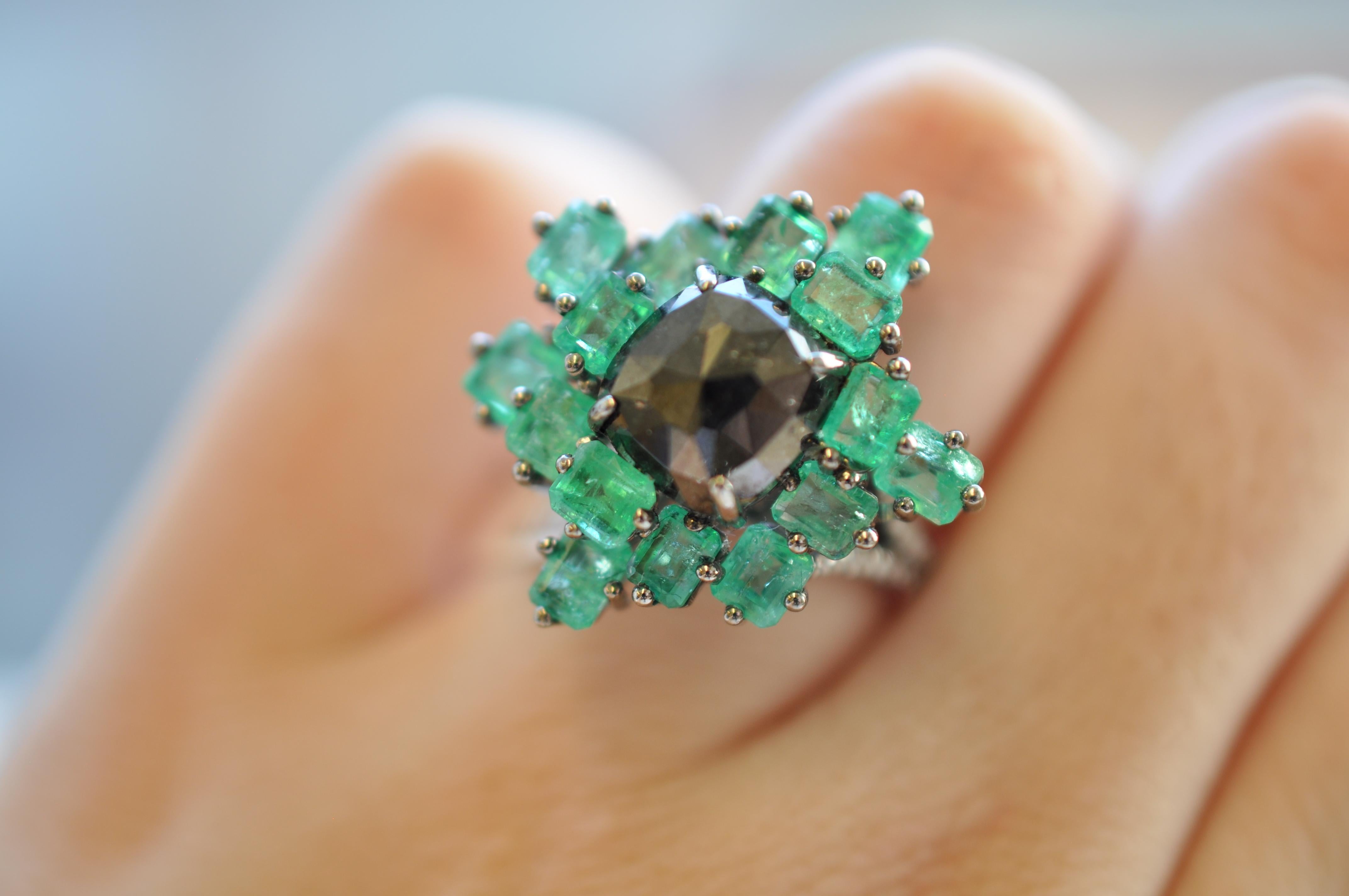 Women's Ruchi New York Black Diamond and Emerald Cluster, Cocktail Ring