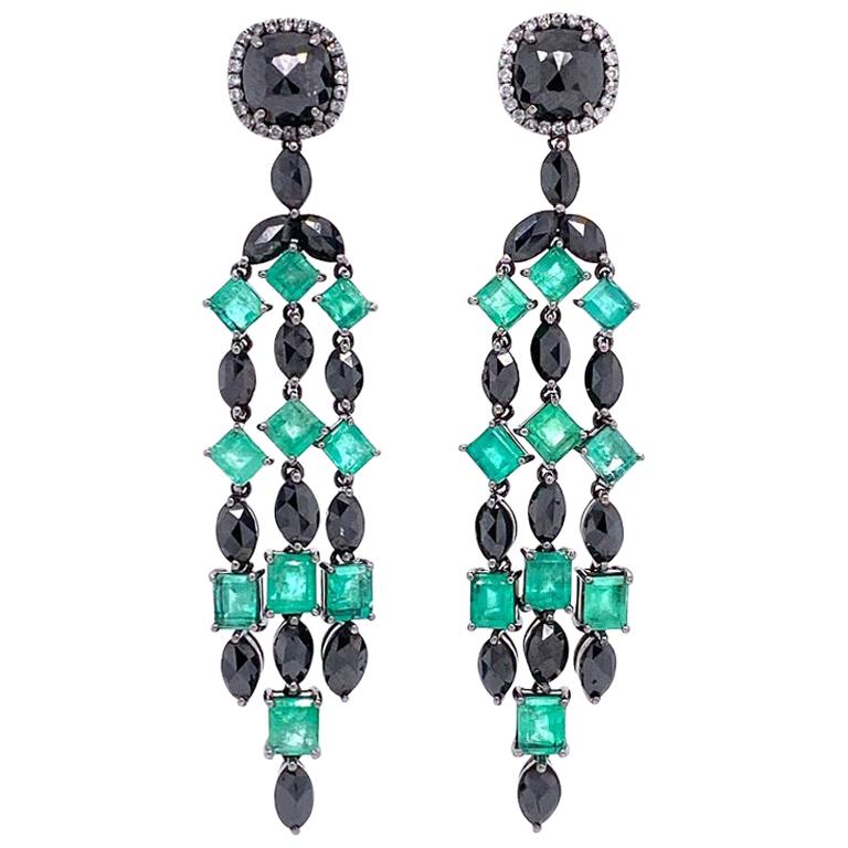 RUCHI Rosecut Black Diamond & Mixed Shape Emerald Black Rhodium Dangle Earrings For Sale