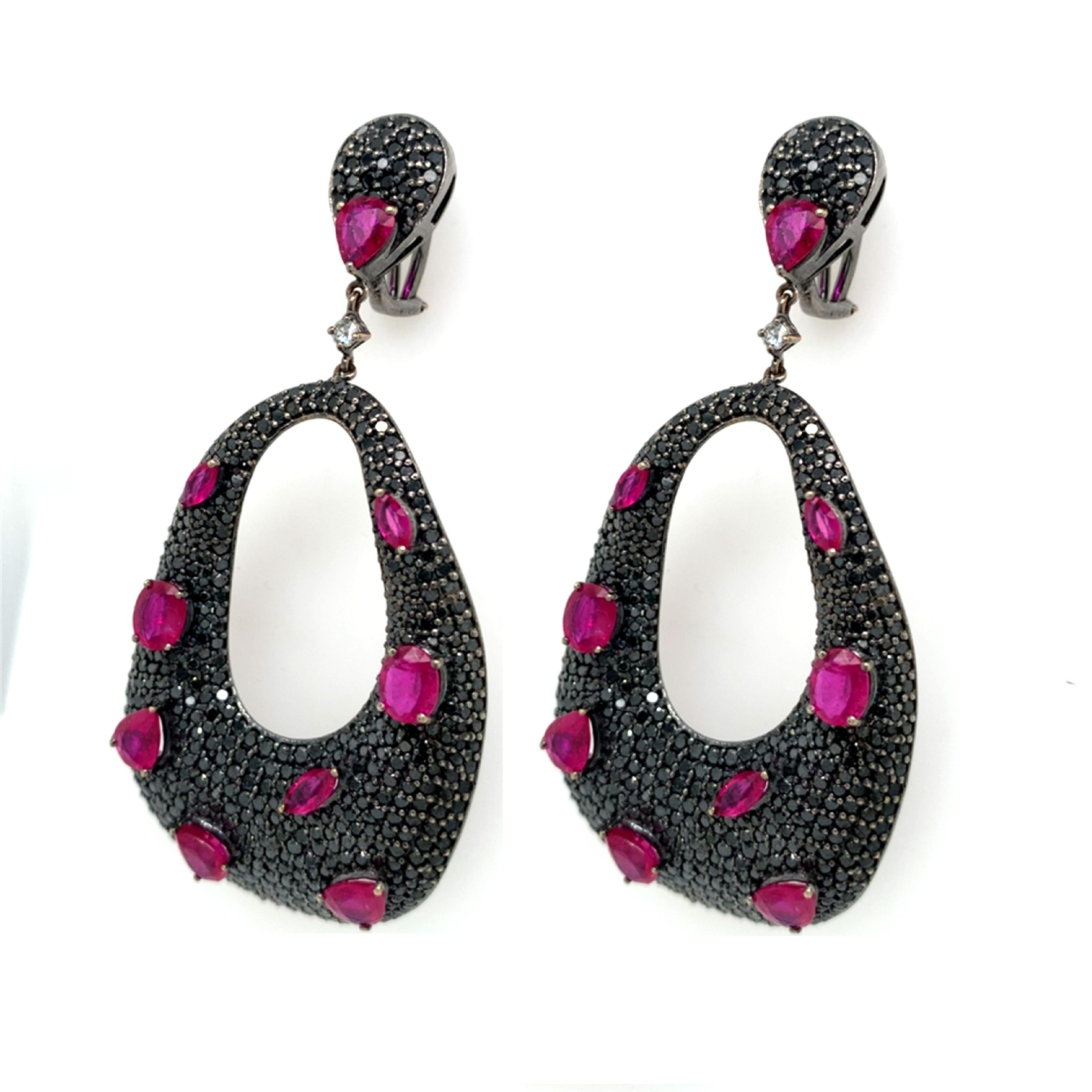Mixed Cut Ruchi New York Black Diamond and Ruby Dangling Earrings