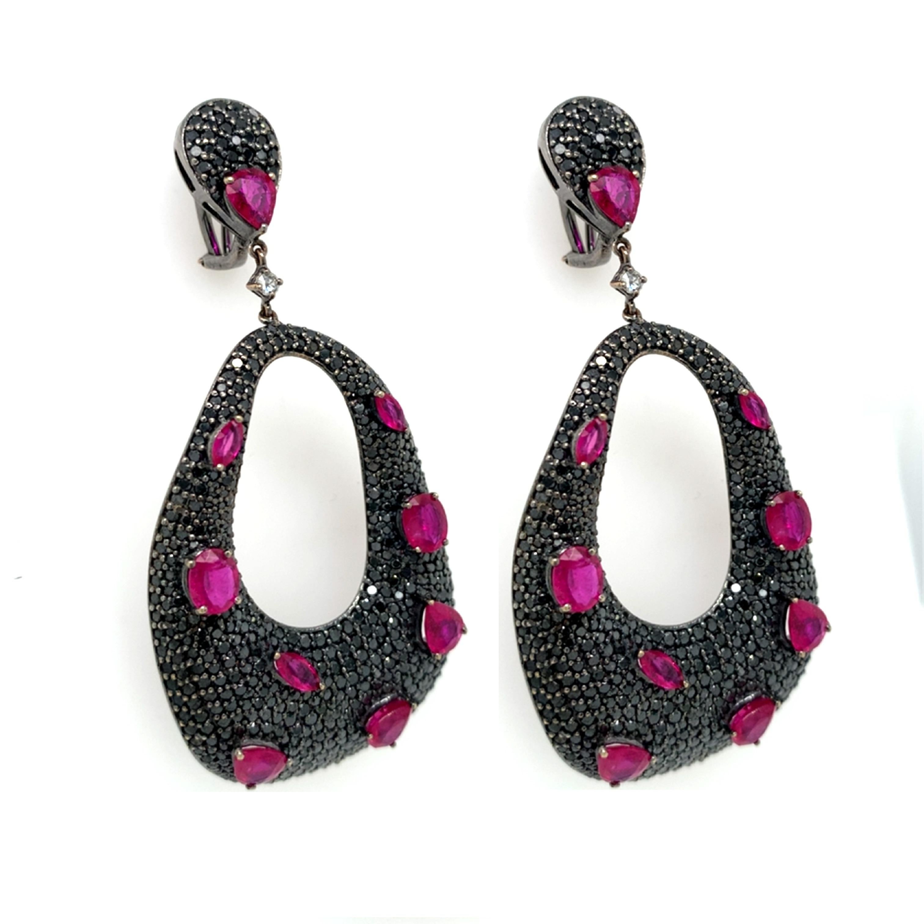 Ruchi New York Black Diamond and Ruby Dangling Earrings 1