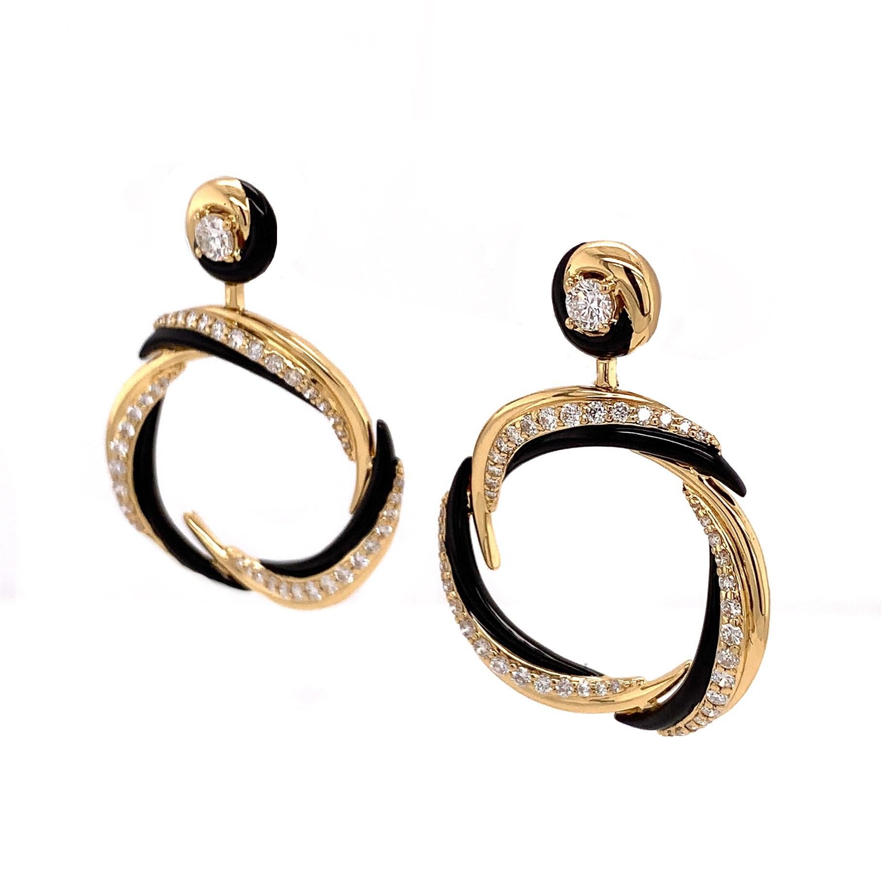 Contemporary RUCHI Black Enamel and Diamond Yellow Gold Post-Hoop Earrings For Sale