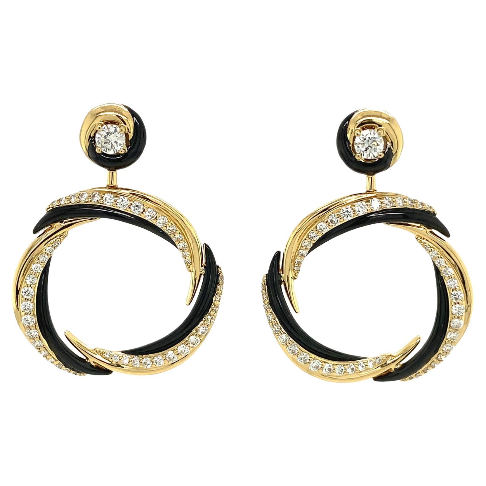 RUCHI Black Enamel and Diamond Yellow Gold Post-Hoop Earrings For Sale