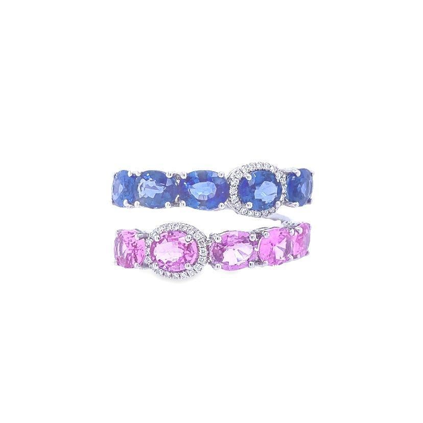 Contemporary RUCHI Blue and Pink Sapphire with Diamond White Gold Bypass Ring For Sale