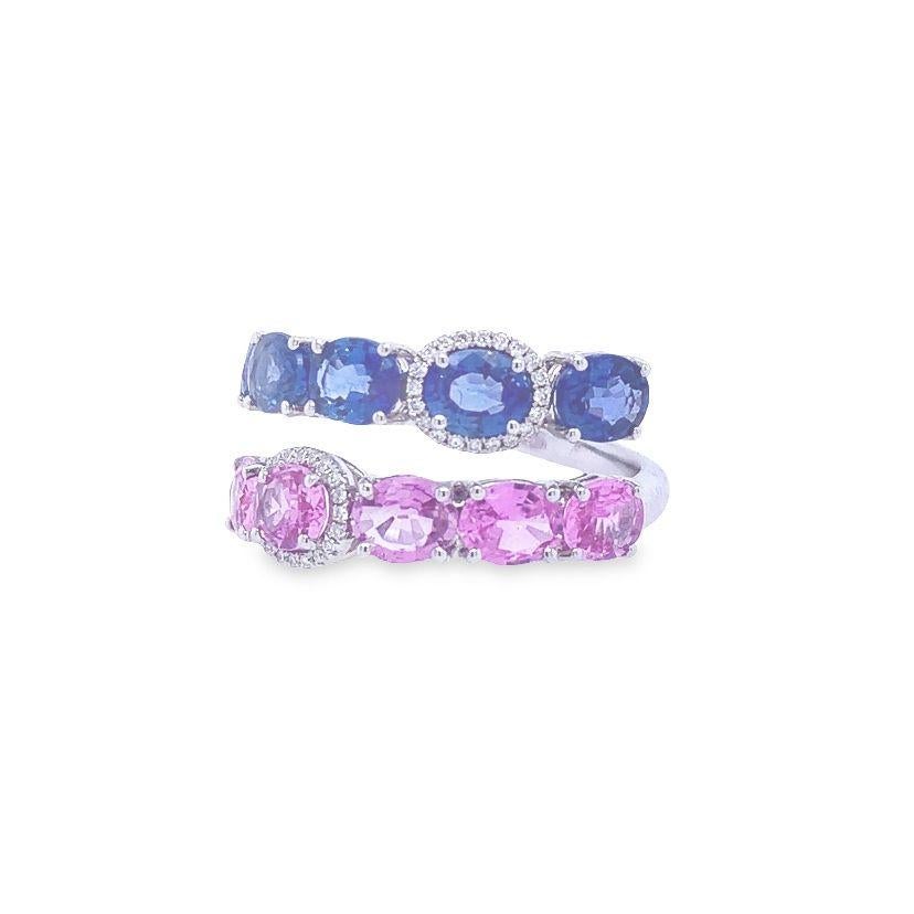 Mixed Cut RUCHI Blue and Pink Sapphire with Diamond White Gold Bypass Ring For Sale