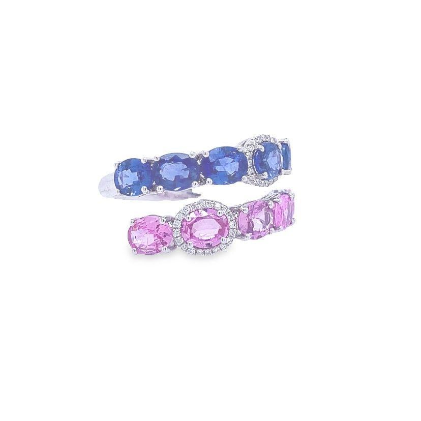RUCHI Blue and Pink Sapphire with Diamond White Gold Bypass Ring In New Condition For Sale In New York, NY