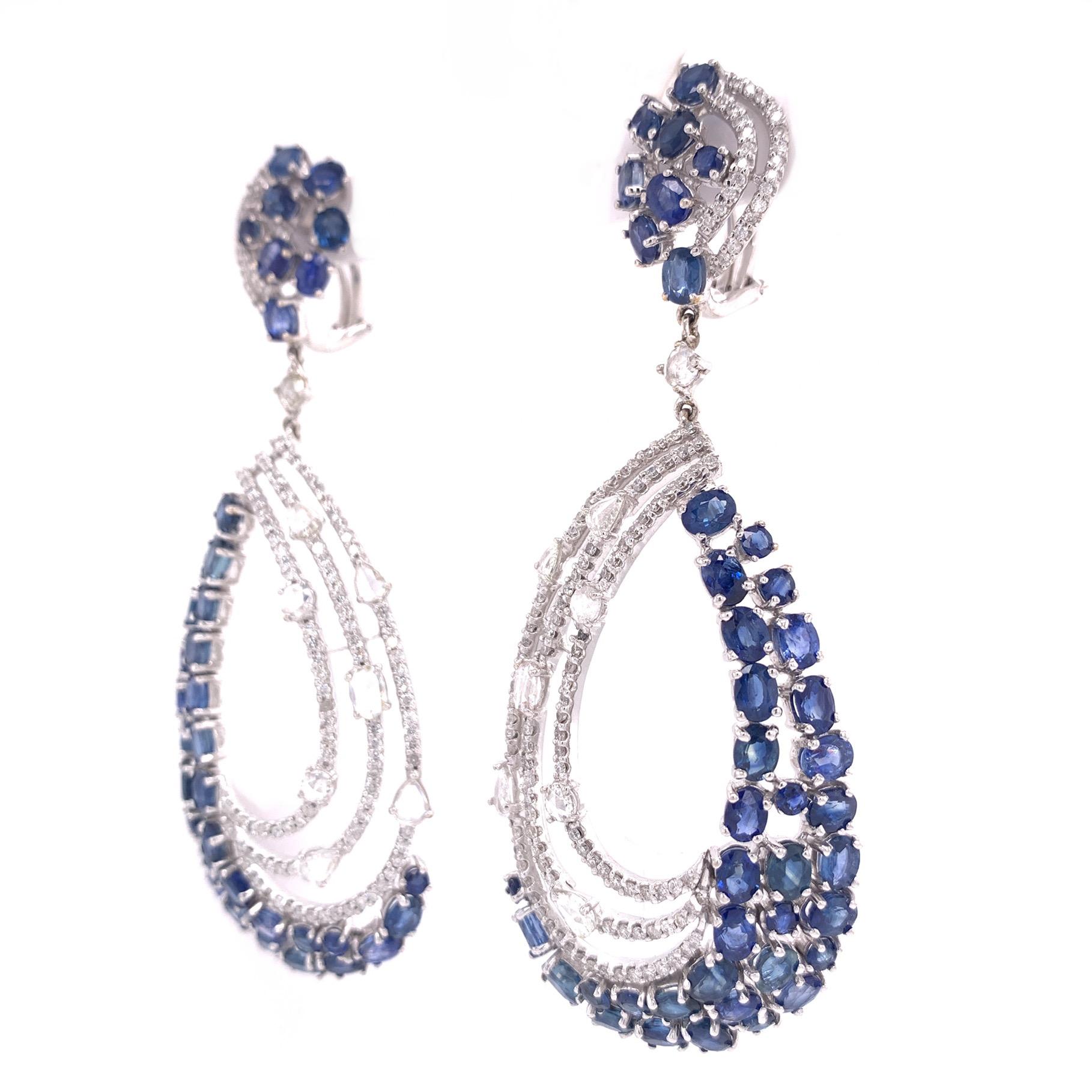 Contemporary RUCHI Blue Sapphire and Diamond White Gold Chandelier Earrings For Sale