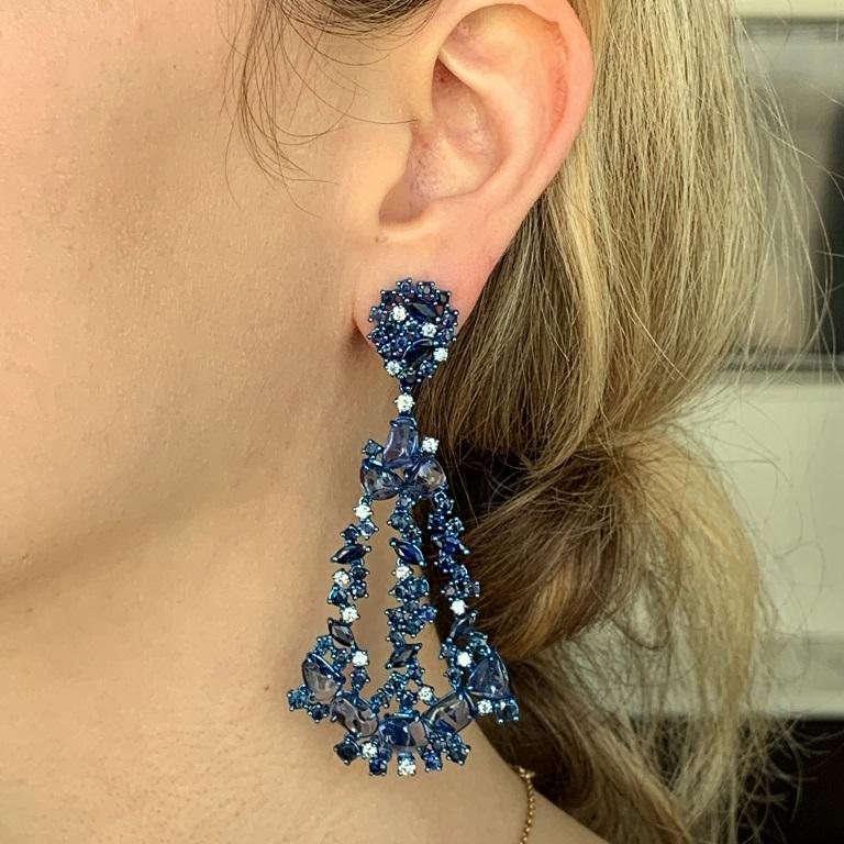 Contemporary RUCHI Mixed-Shape Blue Sapphire and Diamond Blue Rhodium Chandelier Earrings For Sale