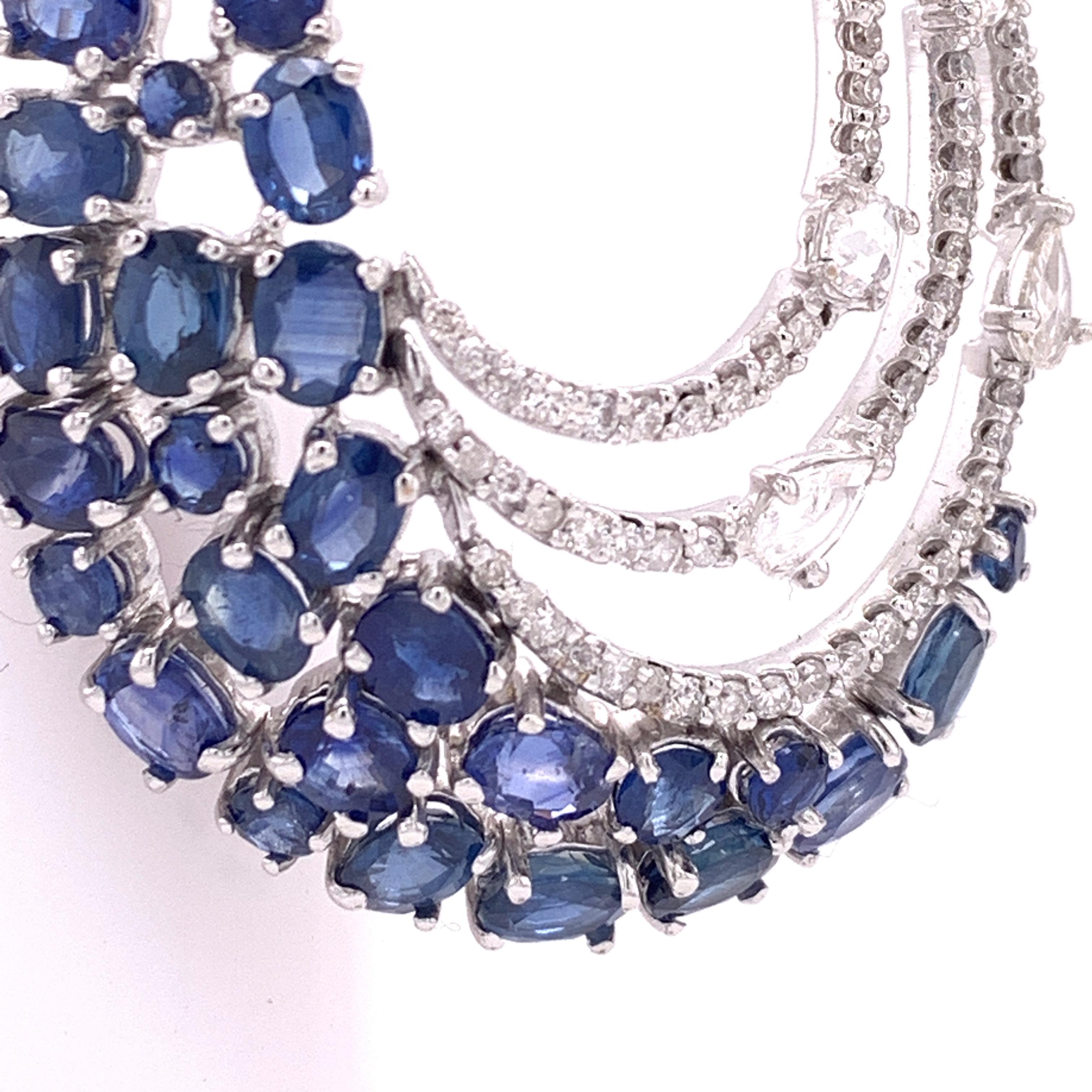 Oval Cut RUCHI Blue Sapphire and Diamond White Gold Chandelier Earrings For Sale