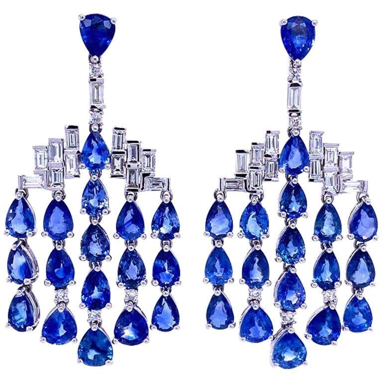 Blue Sapphire Diamond Gold Chandelier Drop Earrings For Sale at 1stDibs