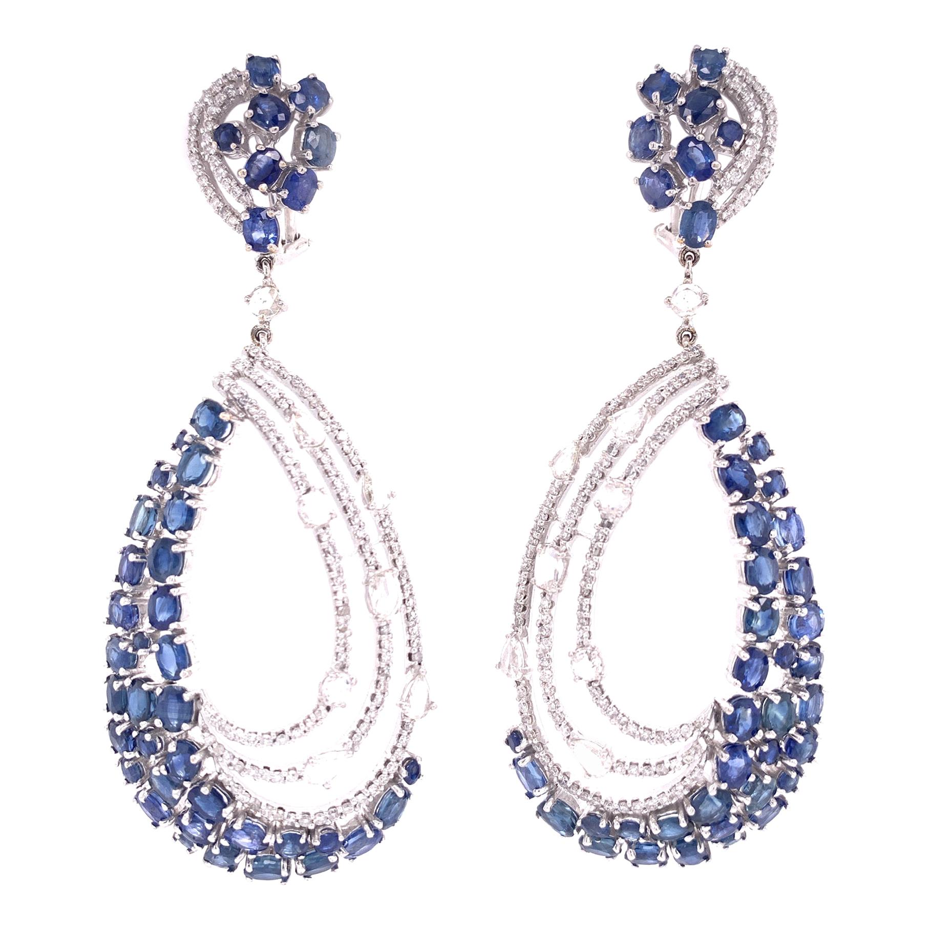 RUCHI Blue Sapphire and Diamond White Gold Chandelier Earrings For Sale