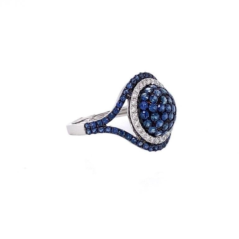 Contemporary RUCHI Blue Sapphire & Pavé Diamond White Gold Dome Cocktail Ring For Sale