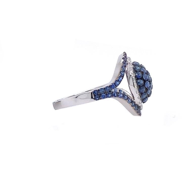Round Cut RUCHI Blue Sapphire & Pavé Diamond White Gold Dome Cocktail Ring