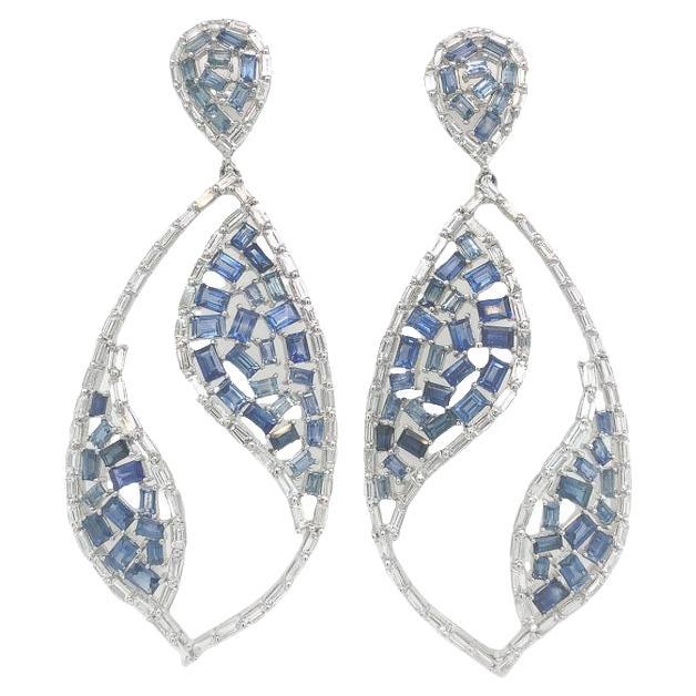 RUCHI Baguette Blue Sapphire & Diamond White Gold Drop Earrings For Sale
