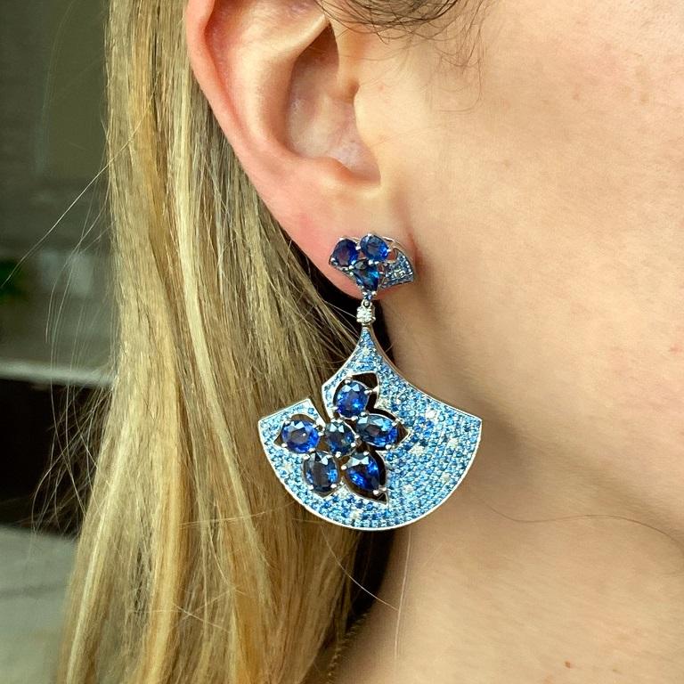 Contemporary RUCHI Blue Sapphire and Diamond White Gold Fan Drop Earrings For Sale