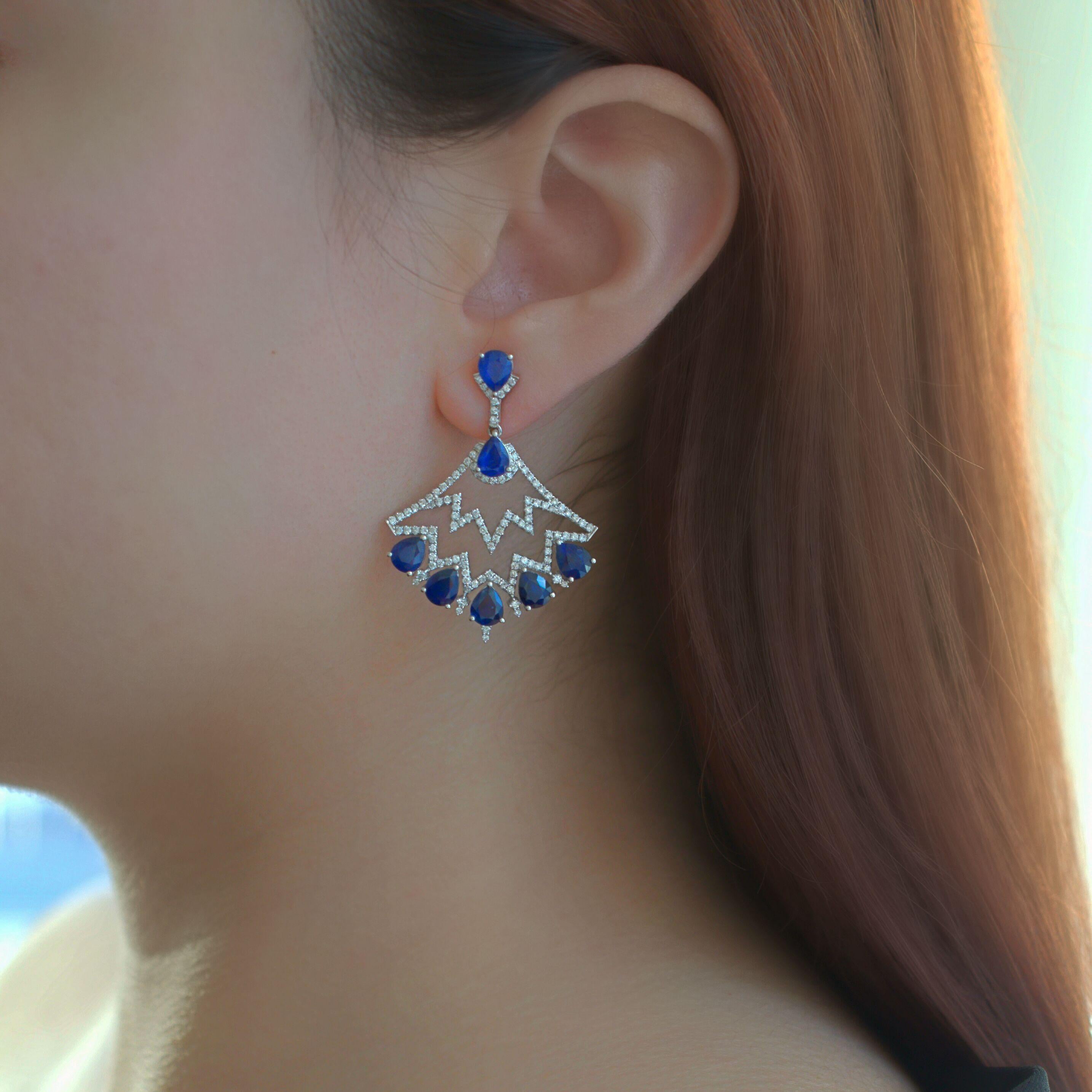 Art Deco RUCHI Blue Sapphire & Pavé Diamond White Gold Zig-Zag Fan Drop Earrings For Sale