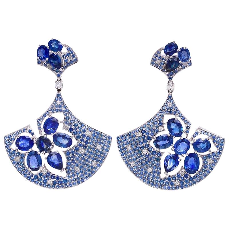 RUCHI Blue Sapphire and Diamond White Gold Fan Drop Earrings For Sale