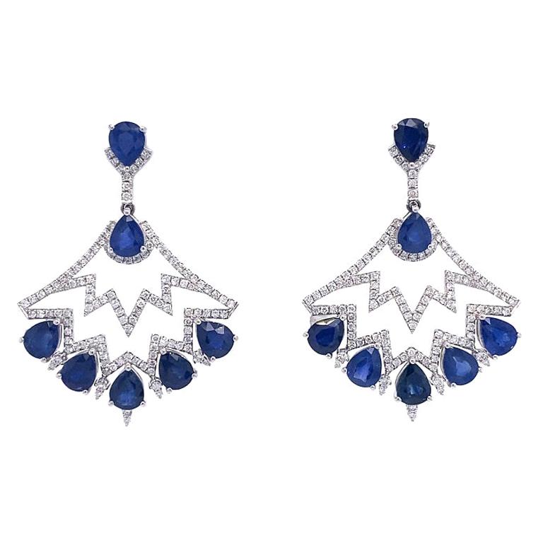 RUCHI Blue Sapphire & Pavé Diamond White Gold Zig-Zag Fan Drop Earrings For Sale