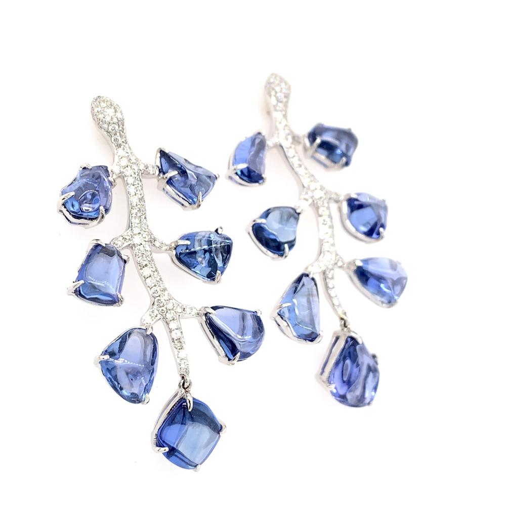 Contemporary RUCHI Blue Sapphire and Diamond Pavé White Gold Leaf Chandelier Earrings For Sale