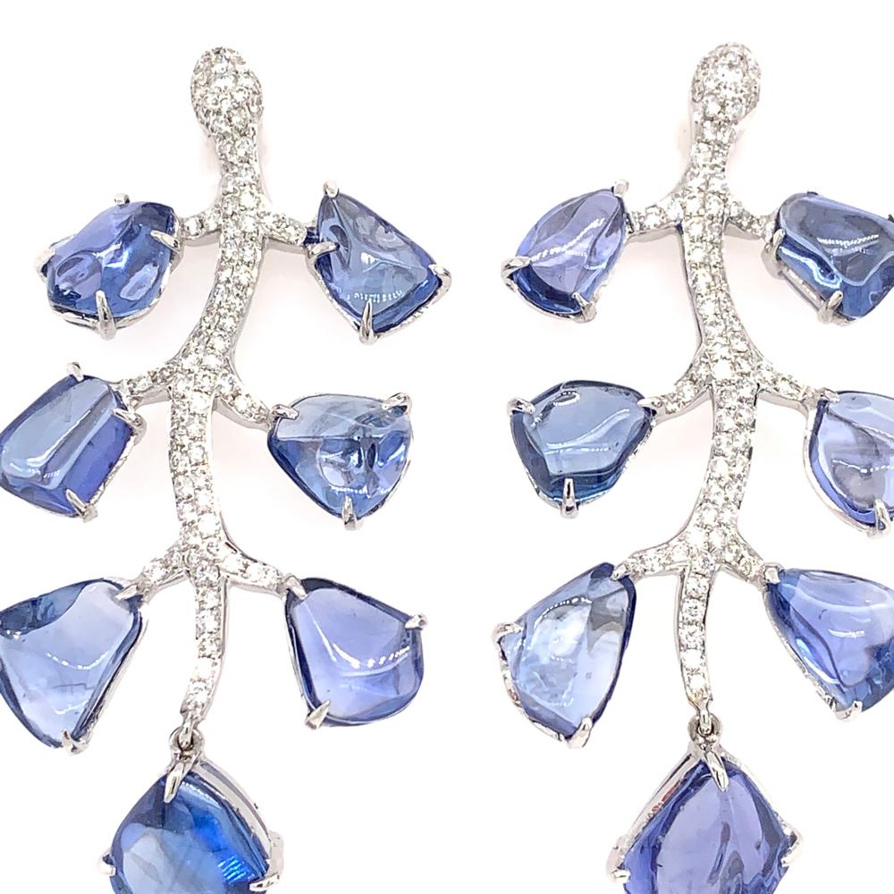 Round Cut RUCHI Blue Sapphire and Diamond Pavé White Gold Leaf Chandelier Earrings For Sale