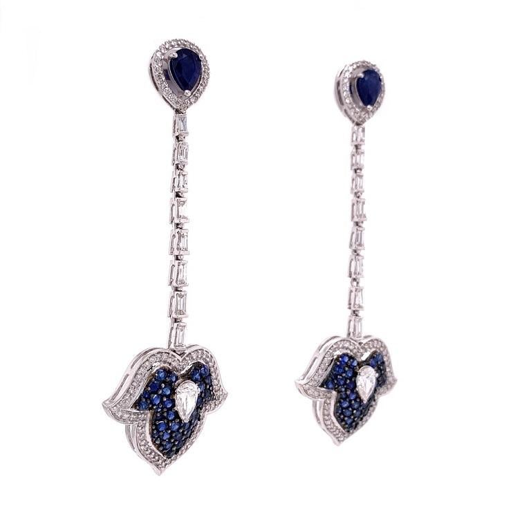 Contemporary RUCHI Mixed Cut Blue Sapphire and Diamond White Gold Lotus Drop Earrings For Sale