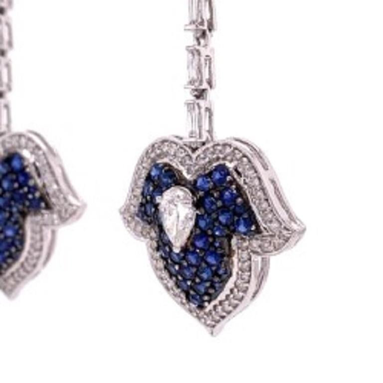 Pear Cut RUCHI Mixed Cut Blue Sapphire and Diamond White Gold Lotus Drop Earrings For Sale