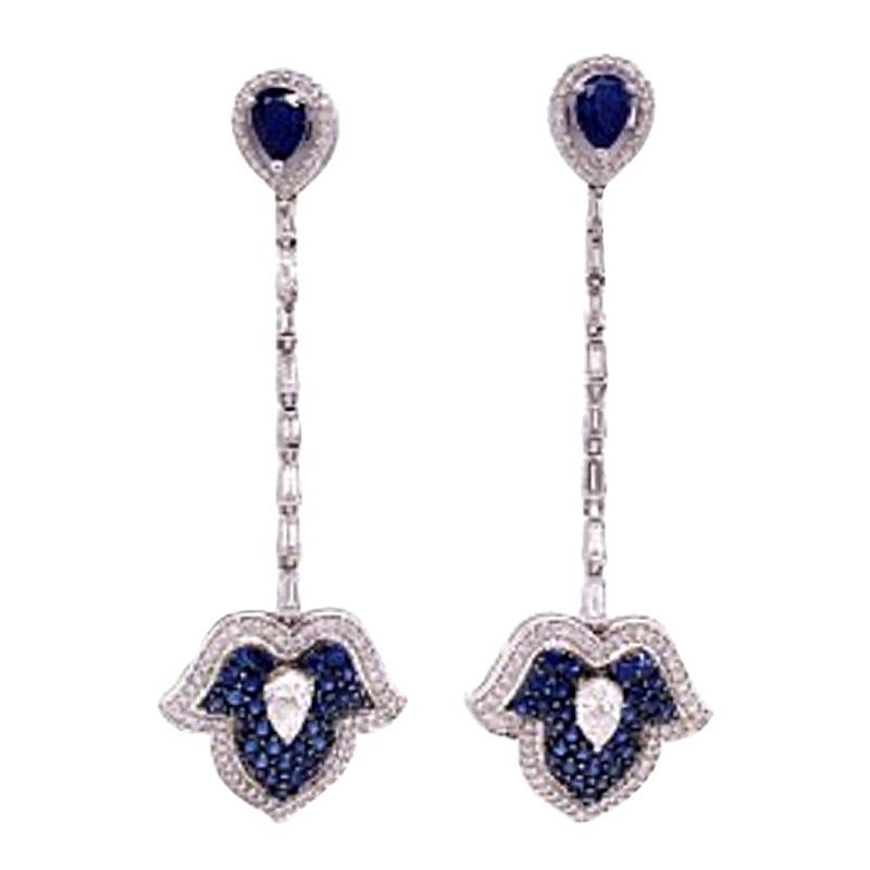 RUCHI Mixed Cut Blue Sapphire and Diamond White Gold Lotus Drop Earrings For Sale