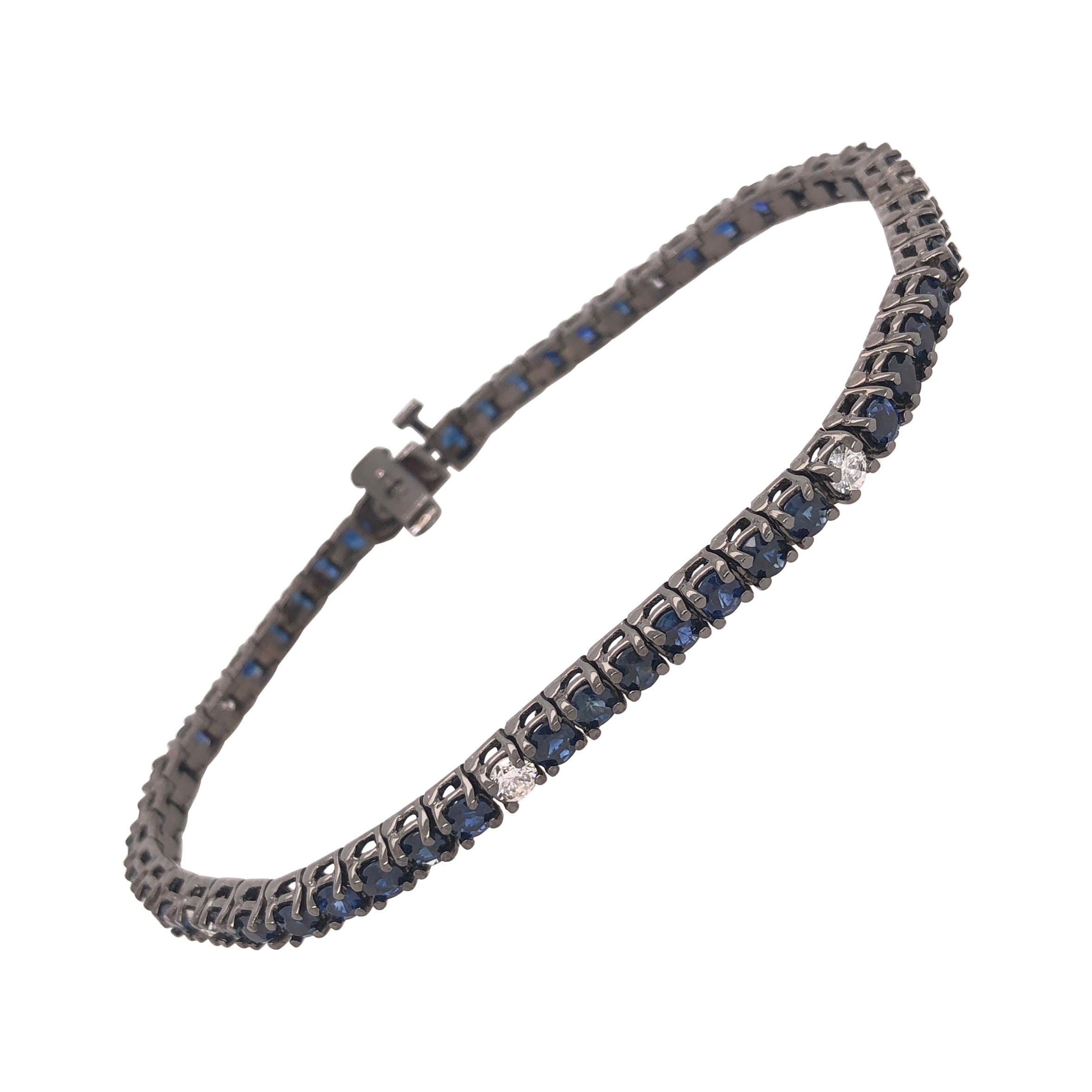 RUCHI Schwarzes Rhodium-Tennisarmband mit blauem Saphir im Brillantschliff und Diamanten