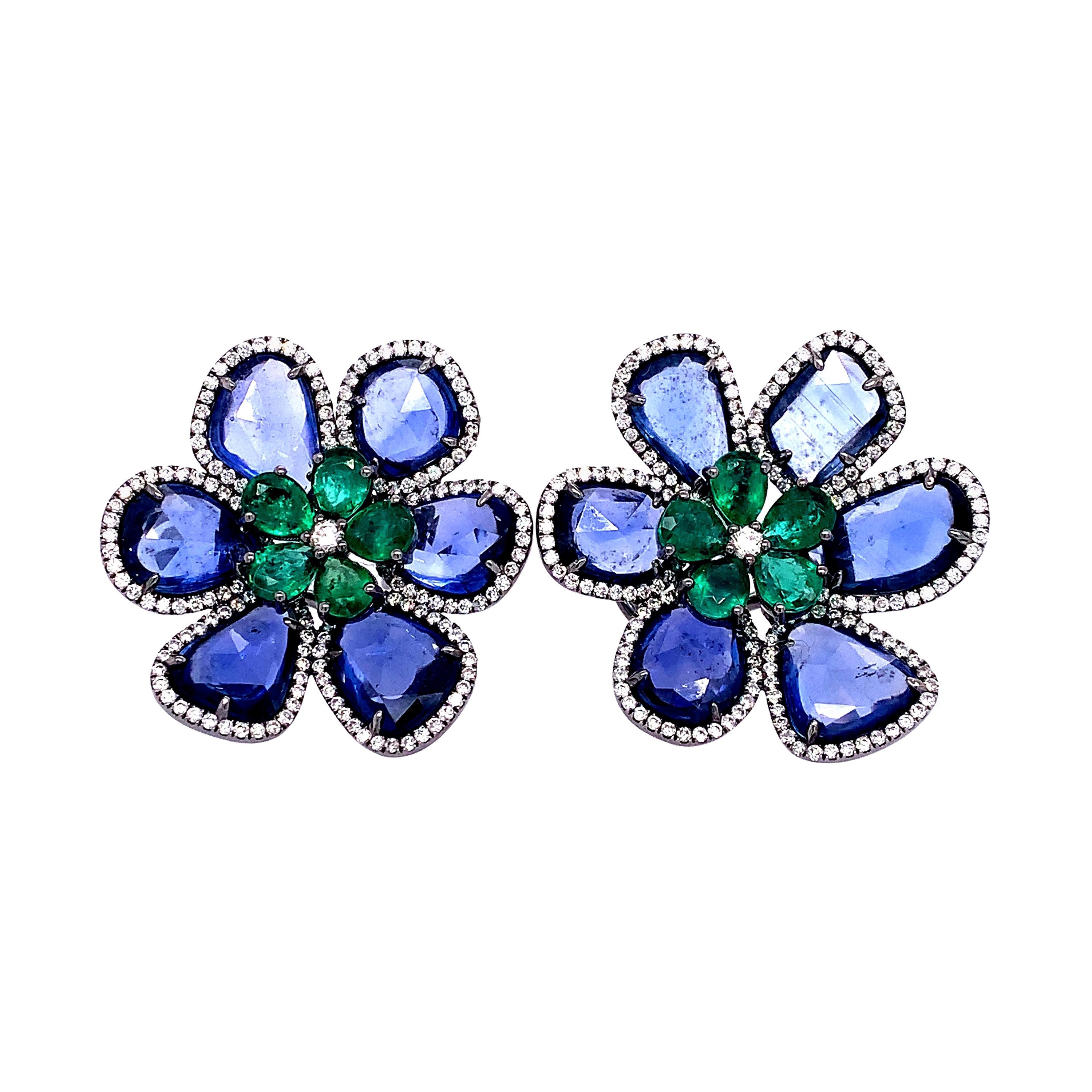 Ruchi New York Blue Sapphire and Emerald Flower Clip On Earrings 