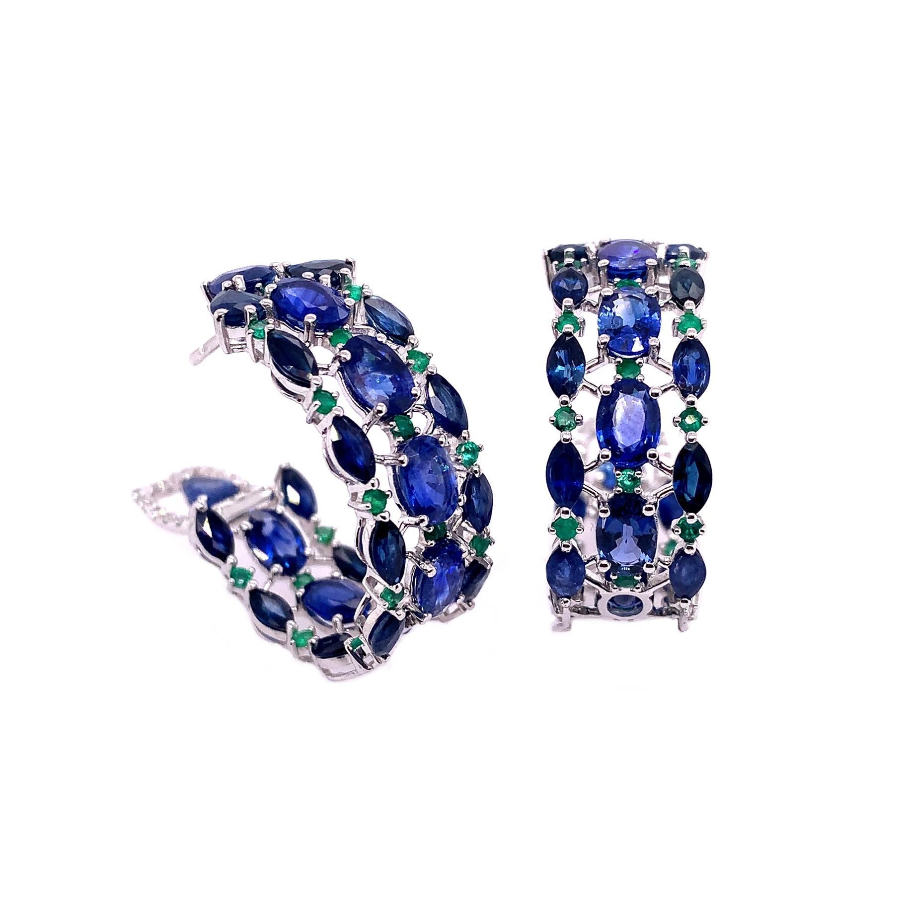 Contemporary RUCHI Blue Sapphire, Emerald and Diamond White Gold Hoop Earrings For Sale