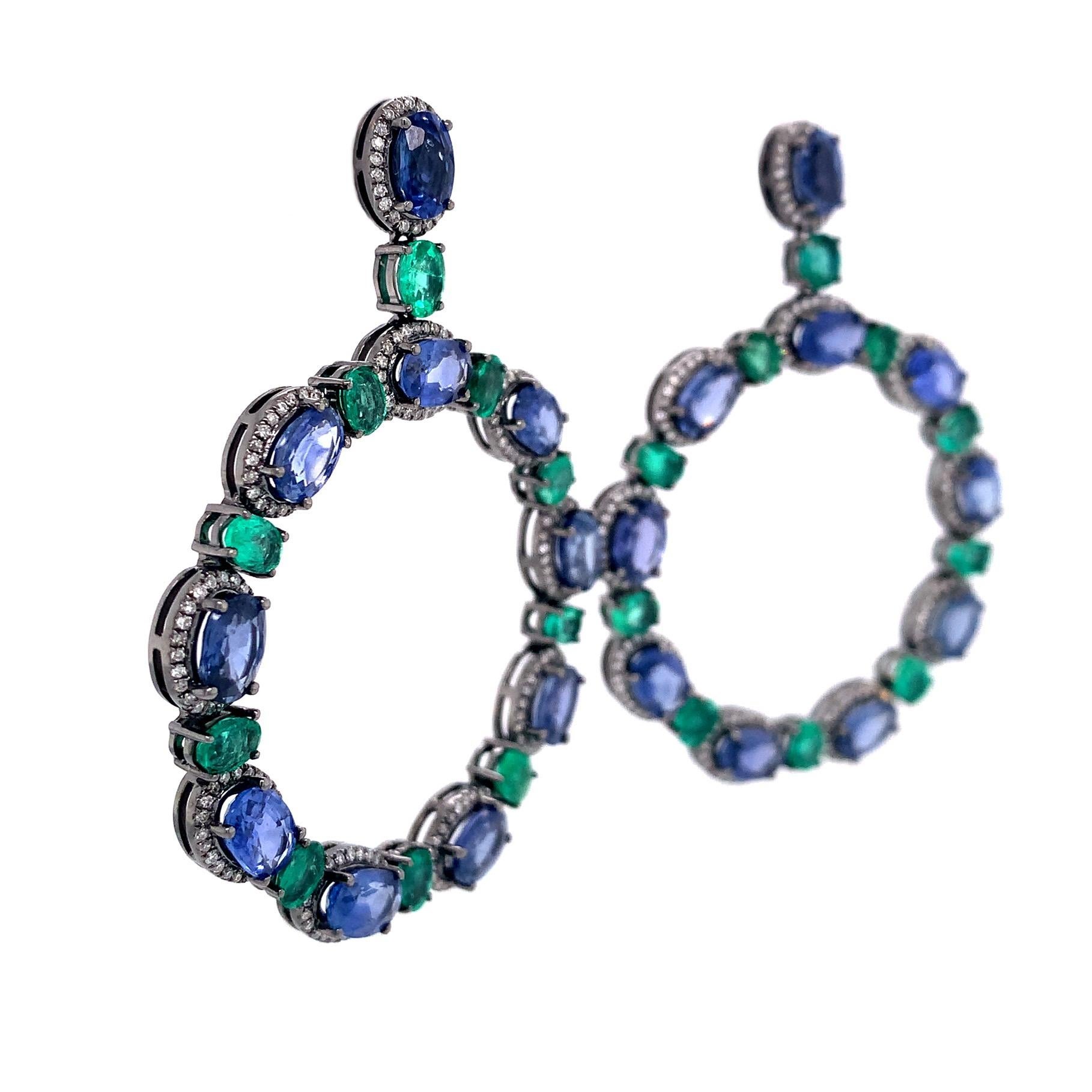 Contemporary RUCHI Blue Sapphire, Emerald and Diamond Black Rhodium Dangle Earrings For Sale