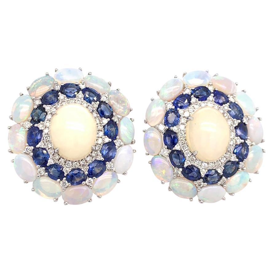 RUCHI Blue Sapphire & Ethiopian Opal White Gold Stud Button Earrings For Sale