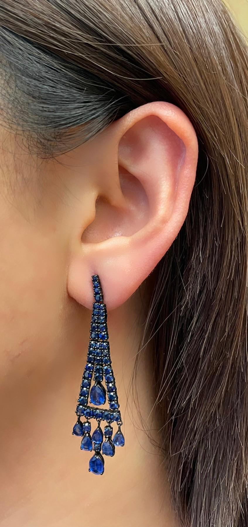Contemporary RUCHI Blue Sapphire and Kyanite Black Rhodium Chandelier Earrings For Sale