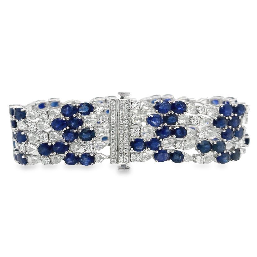 Contemporary RUCHI Blue Sapphire & Rosecut Diamond Flexible White Gold Bracelet For Sale