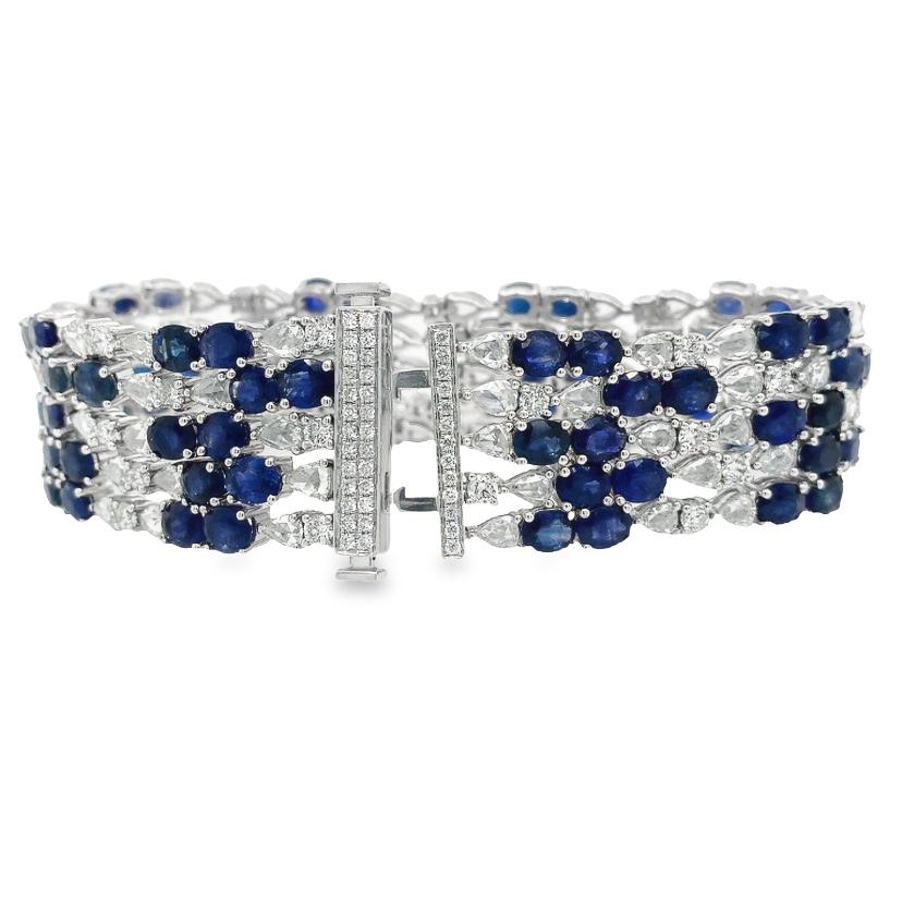 Mixed Cut RUCHI Blue Sapphire & Rosecut Diamond Flexible White Gold Bracelet For Sale