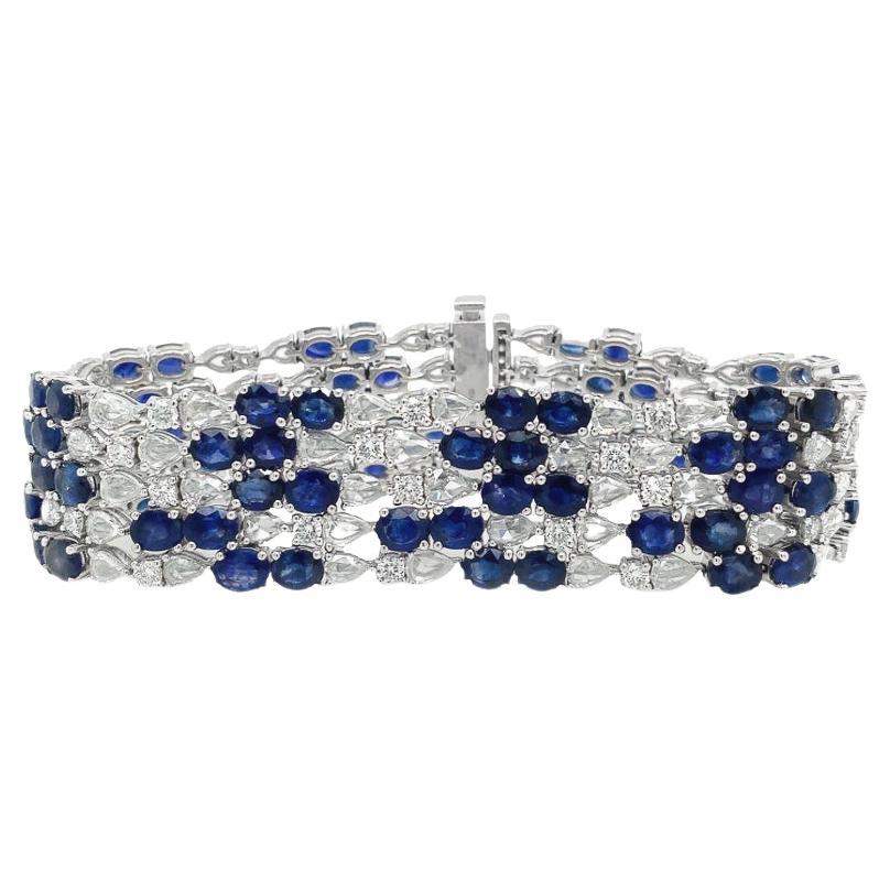 RUCHI Blue Sapphire & Rosecut Diamond Flexible White Gold Bracelet For Sale