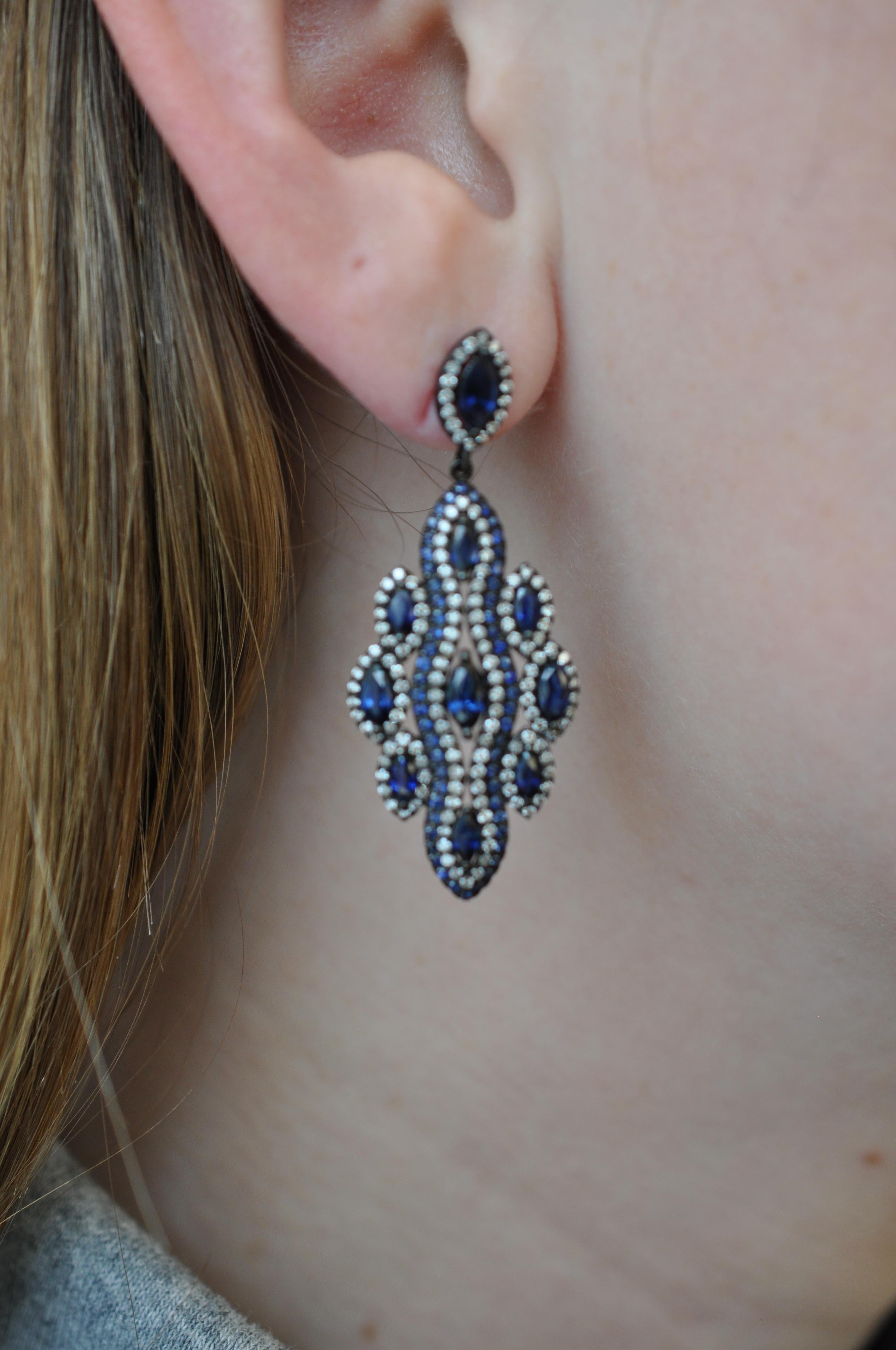 Art Deco Ruchi New York Blue Sapphire Black Rhodium Drop Earrings