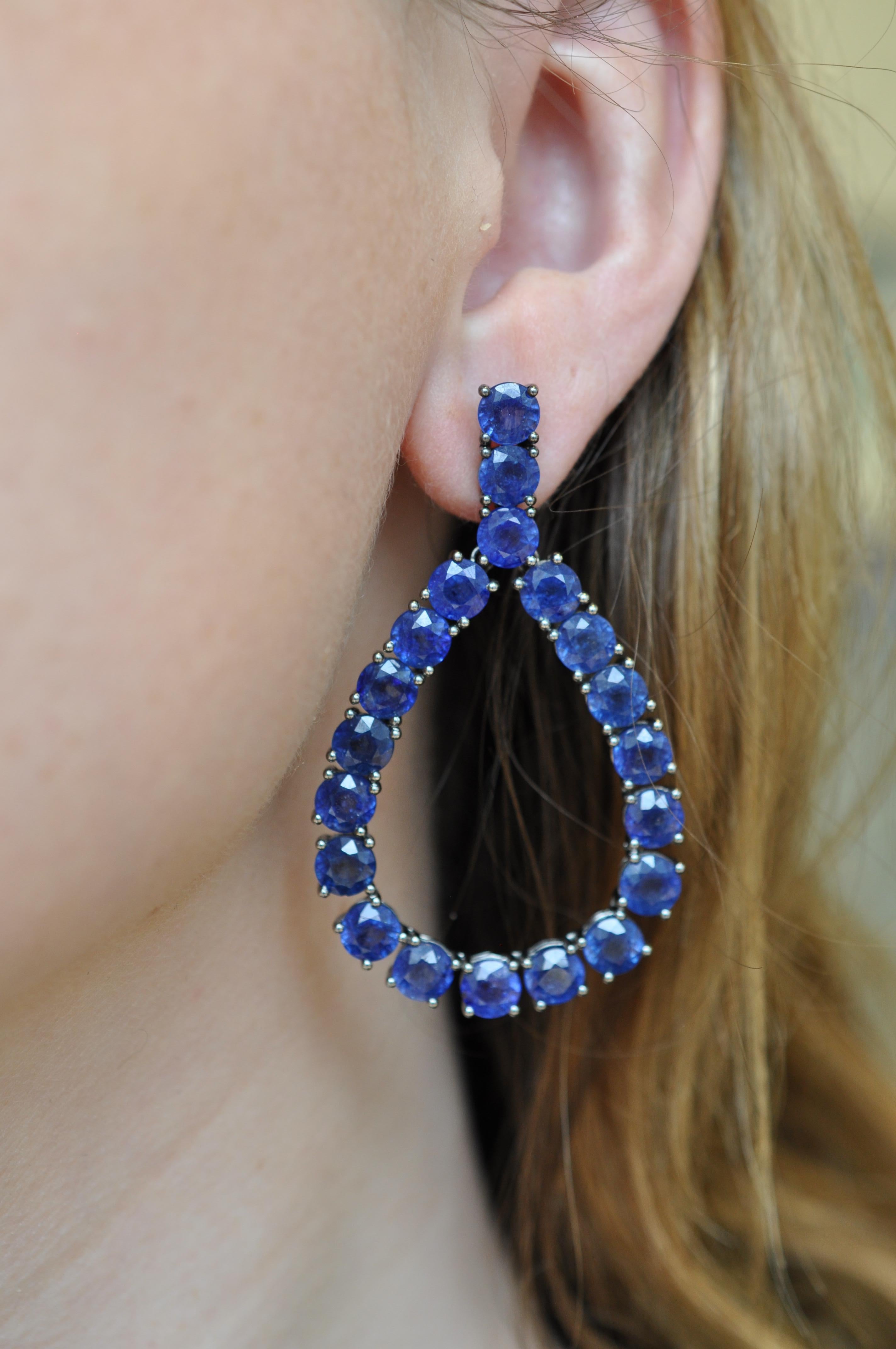 Round Cut RUCHI Blue Sapphire Tinted Rhodium Chandelier Earrings For Sale