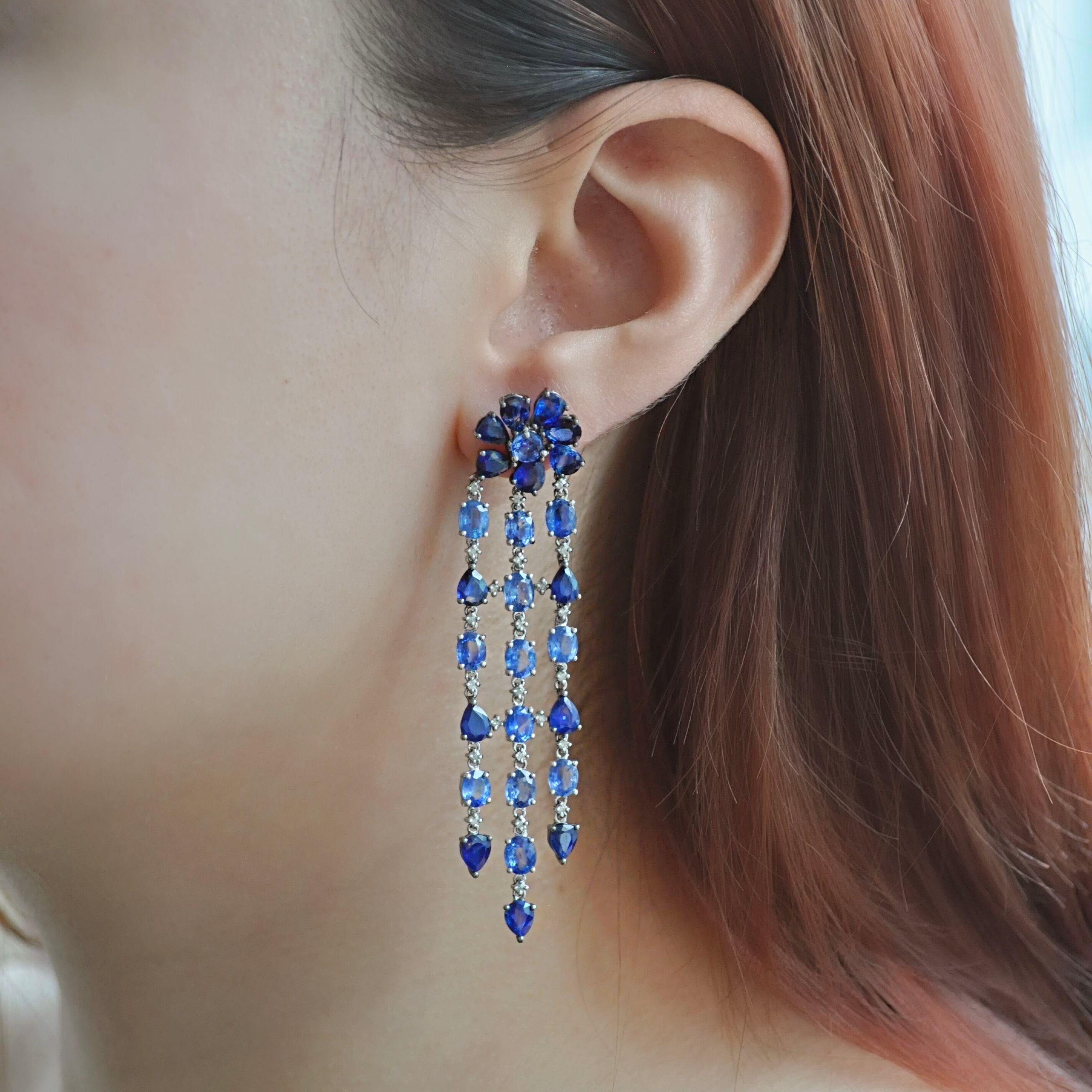 Mixed Cut RUCHI Ombré Blue Sapphire & Diamond Chandelier Earrings For Sale