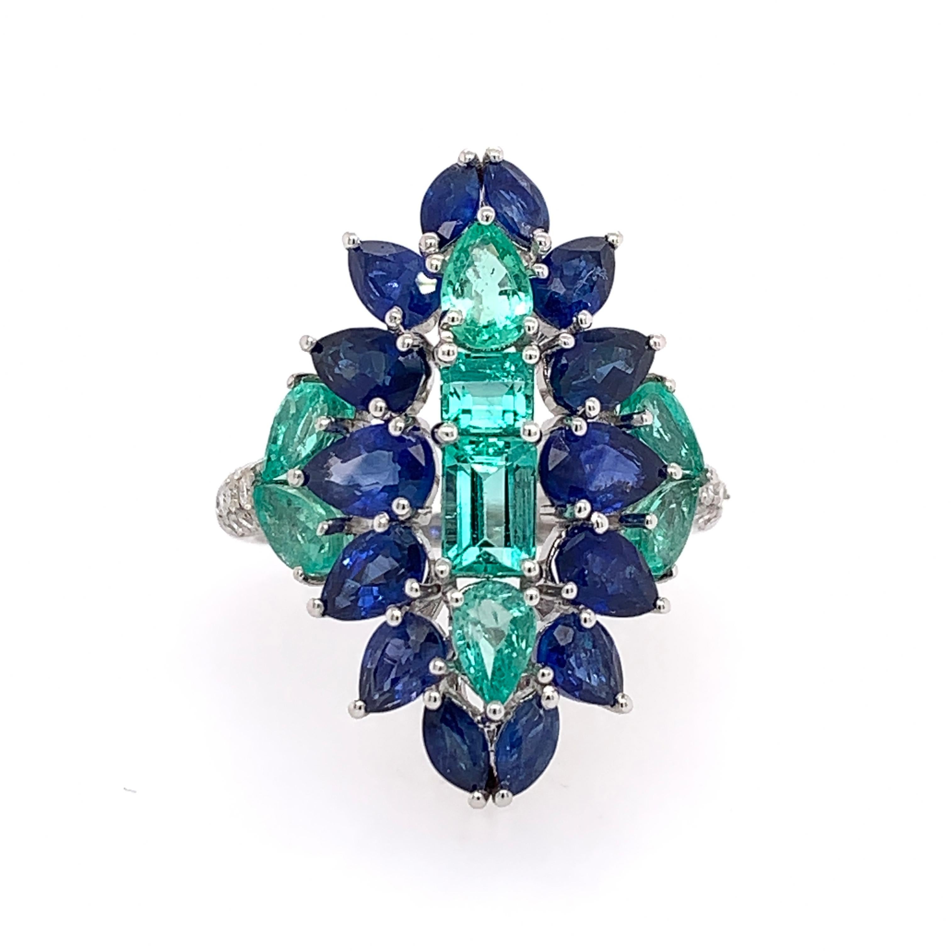18K White Gold
Sapphire: 4.07ct total weight.
Emerald: 1.67ct total weight.
Diamonds: 0.58ct total weight.
All diamonds are G-H/SI stones.
