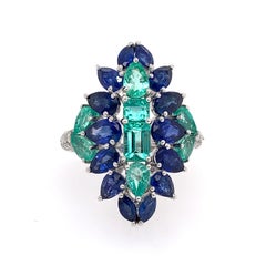 RUCHI Blue Sapphire, Colombian Emerald & Diamond White Gold Cocktail Ring