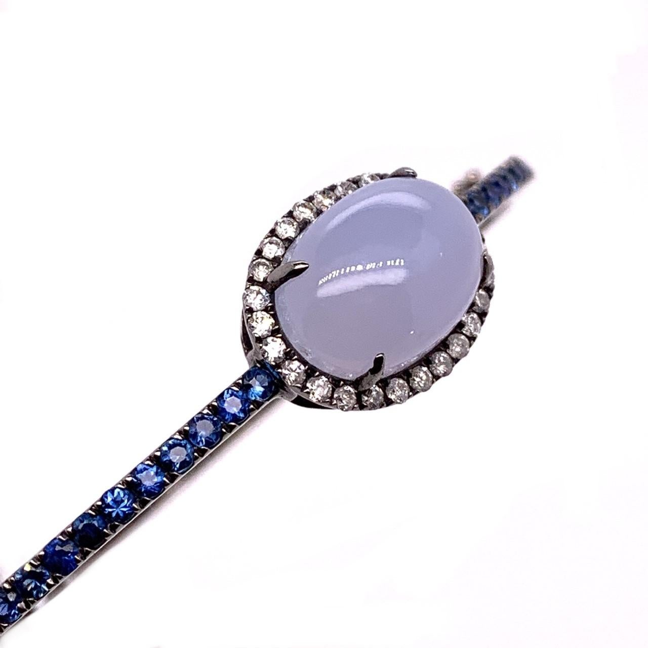 Oval Cut Ruchi New York Blue Sapphire, Diamond and Chalcedony Bangle Bracelet
