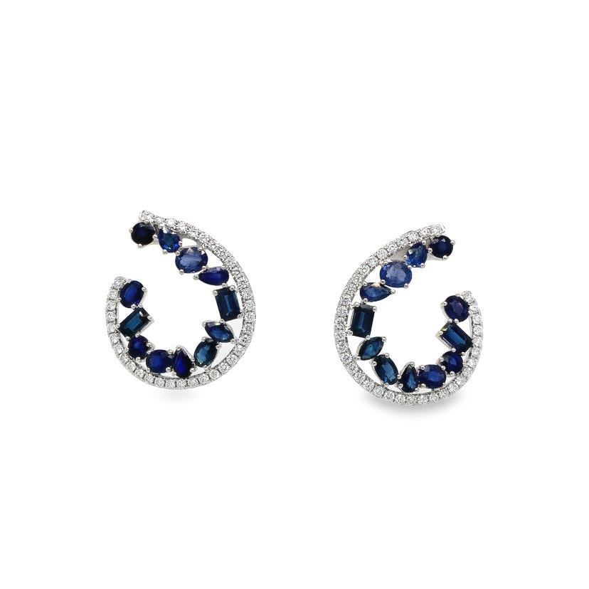Contemporary RUCHI Mixed-Shape Blue Sapphire and Diamond Yellow Gold C-Shape Earrings For Sale